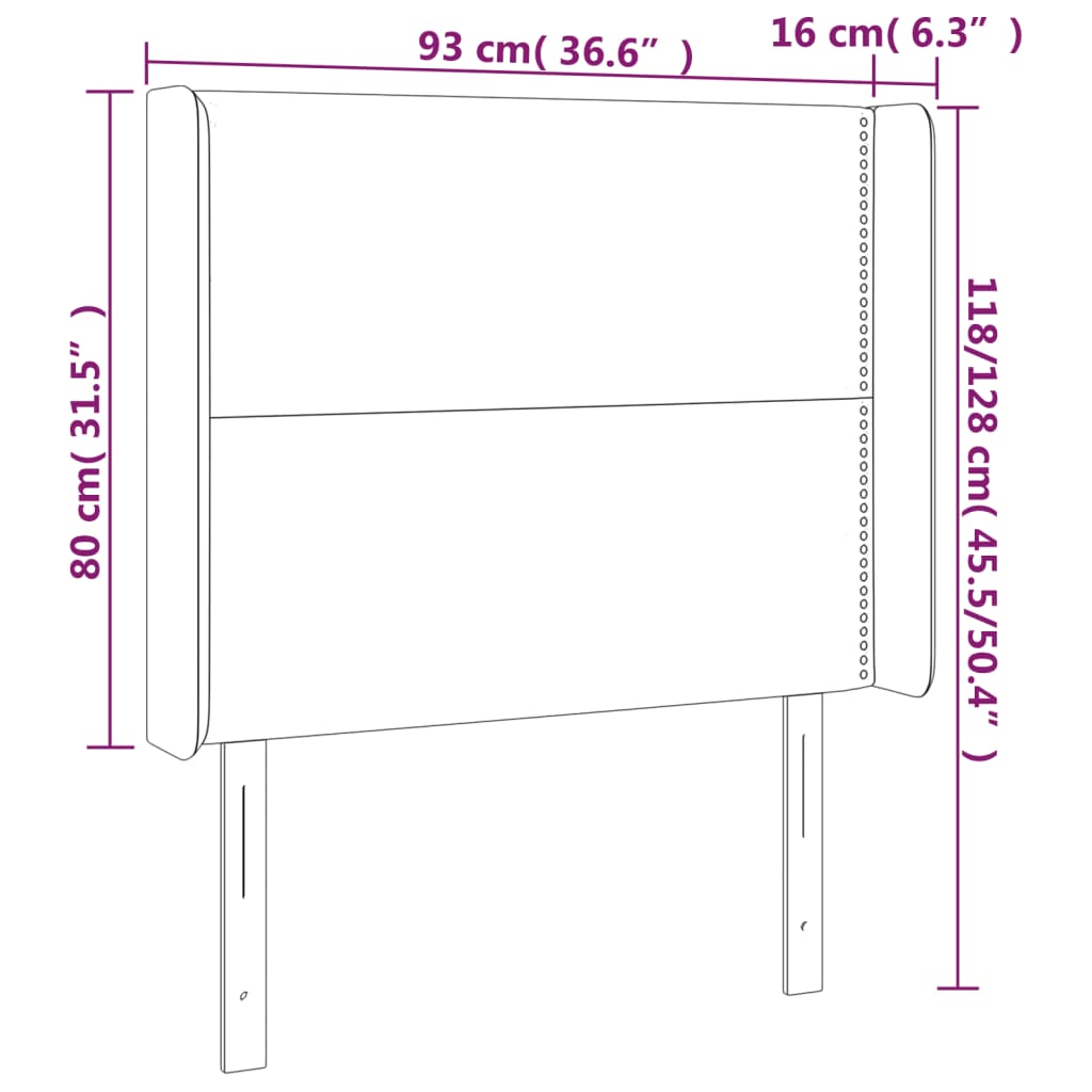 sengegavl med LED-lys 93x16x118/128 cm stof mørkegrå