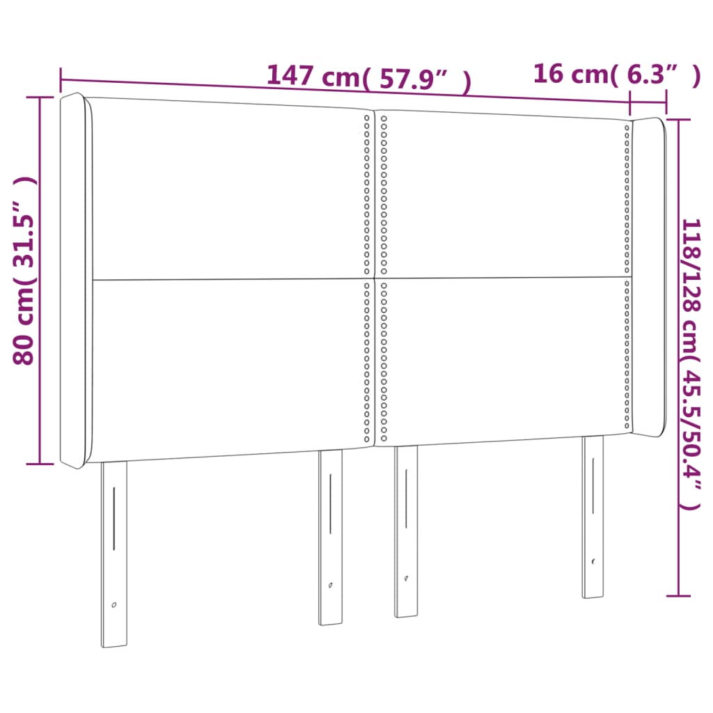 sengegavl med LED-lys 147x16x118/128 cm stof lysegrå