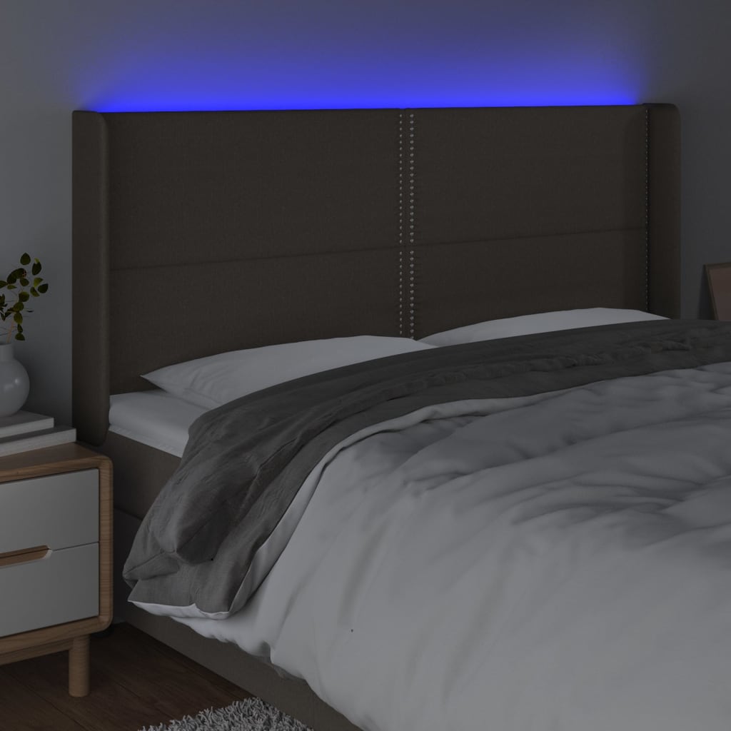 sengegavl med LED-lys 183x16x118/128 cm stof gråbrun