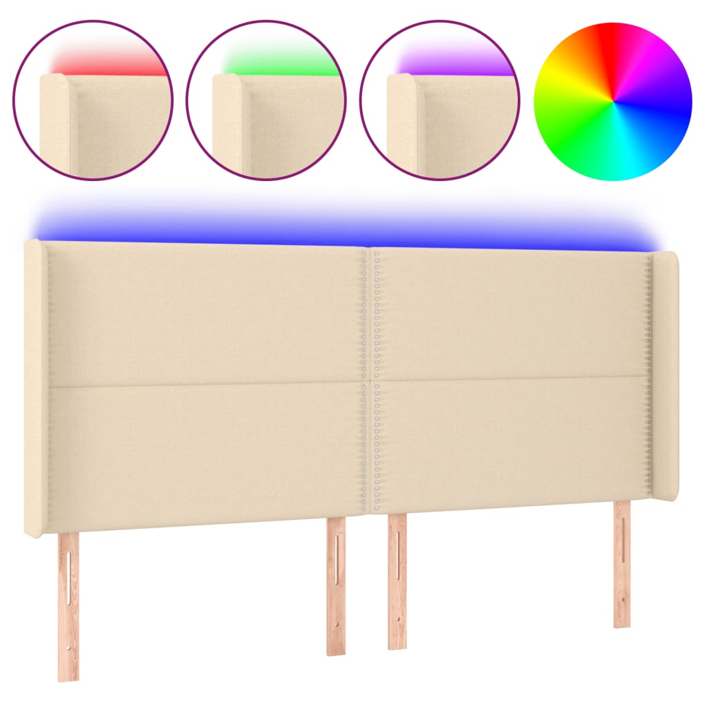 sengegavl med LED-lys 183x16x118/128 cm stof cremefarvet