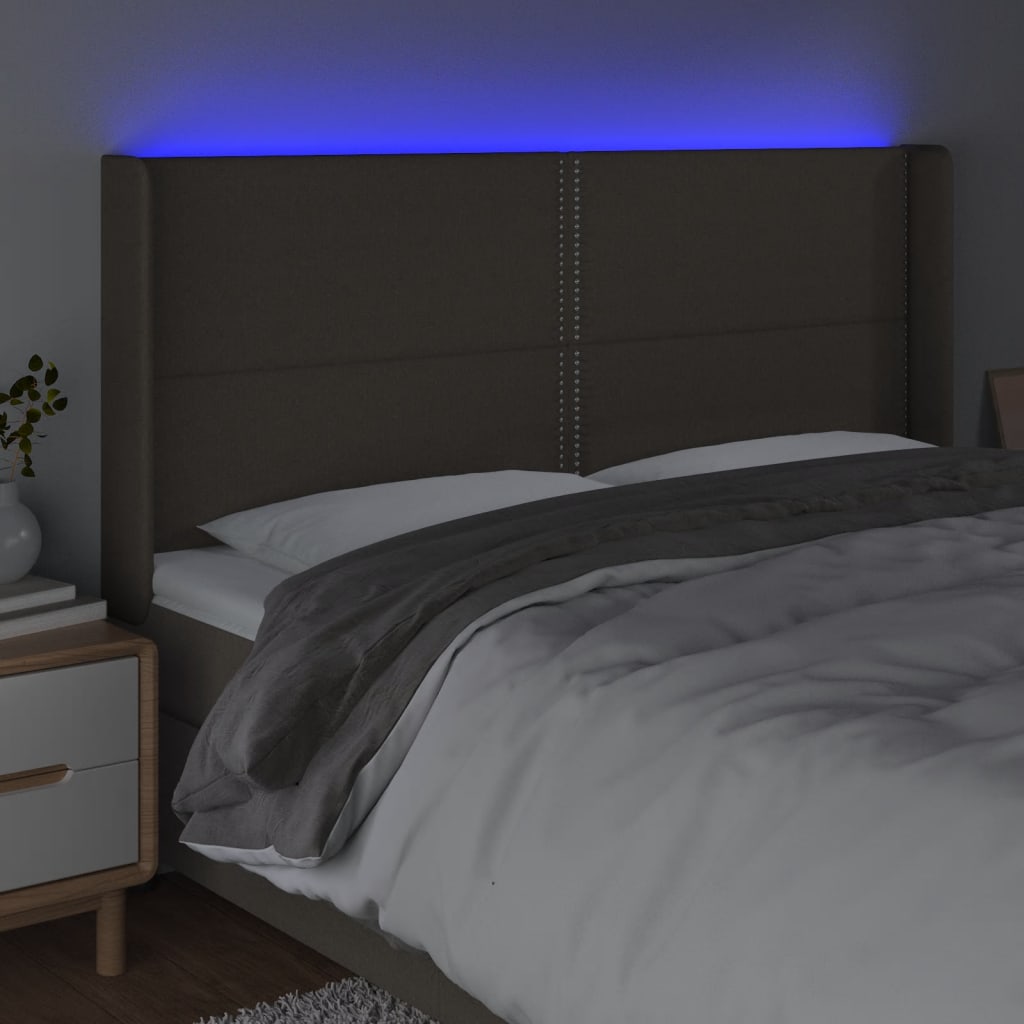 sengegavl med LED-lys 203x16x118/128 cm stof gråbrun