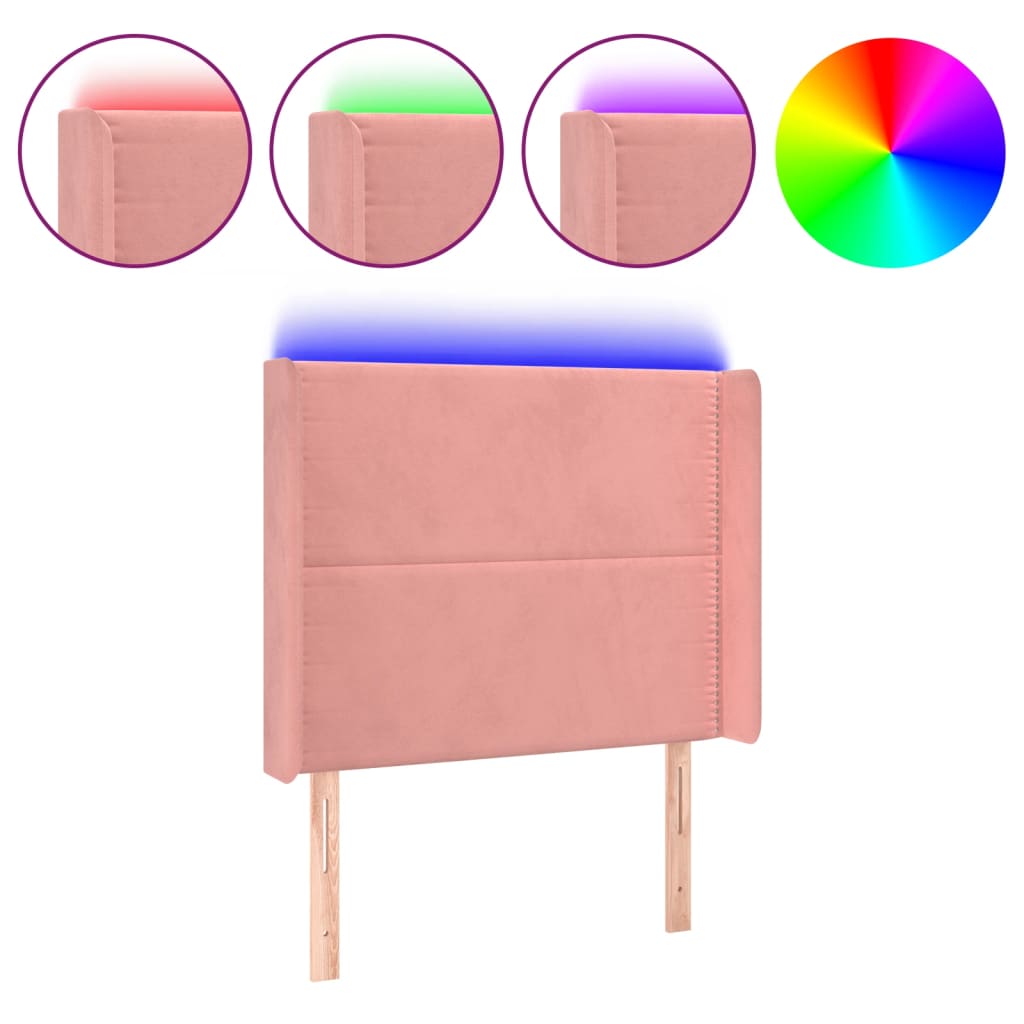 sengegavl med LED-lys 83x16x118/128 cm fløjl lyserød