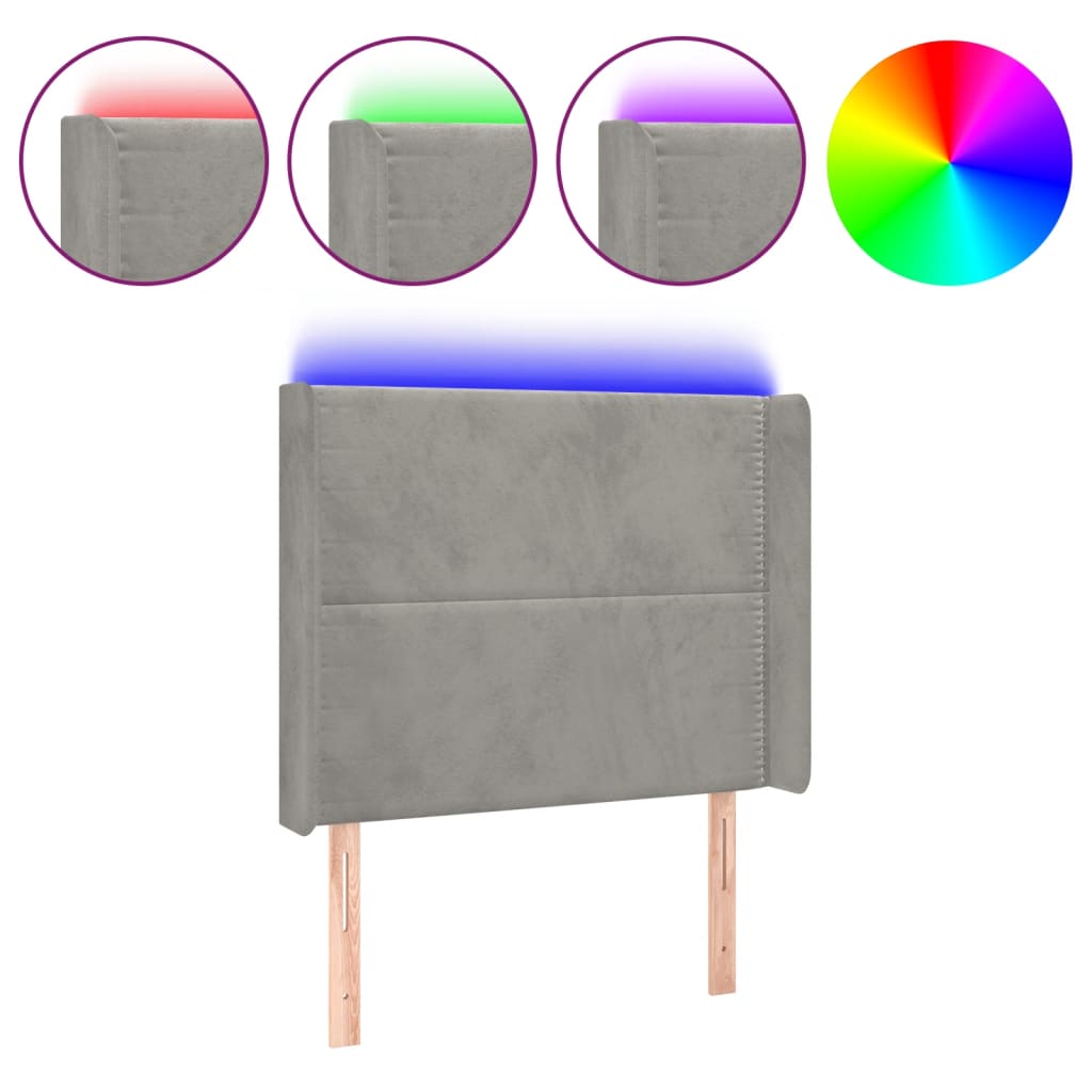 sengegavl med LED-lys 103x16x118/128 cm fløjl lysegrå