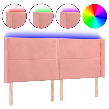 sengegavl med LED-lys 163x16x118/128 cm fløjl lyserød
