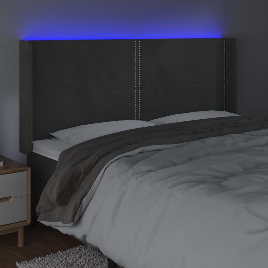 sengegavl med LED-lys 203x16x118/128 cm fløjl mørkegrå