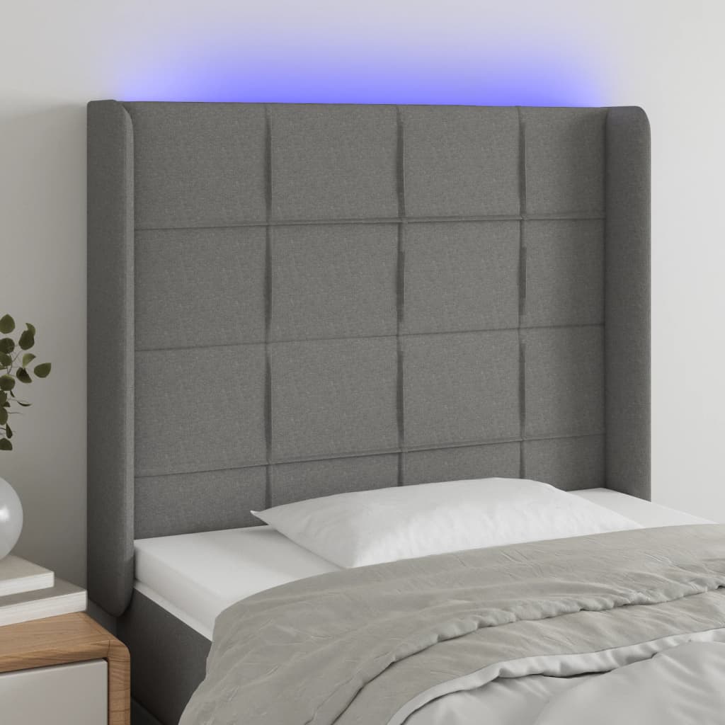 sengegavl med LED-lys 93x16x118/128 cm stof mørkegrå