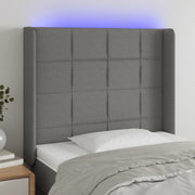 sengegavl med LED-lys 93x16x118/128 cm stof mørkegrå