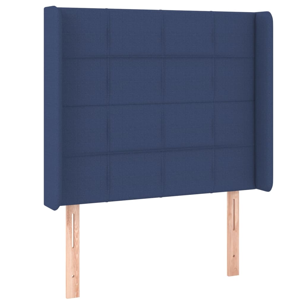 sengegavl med LED-lys 103x16x118/128 cm stof blå