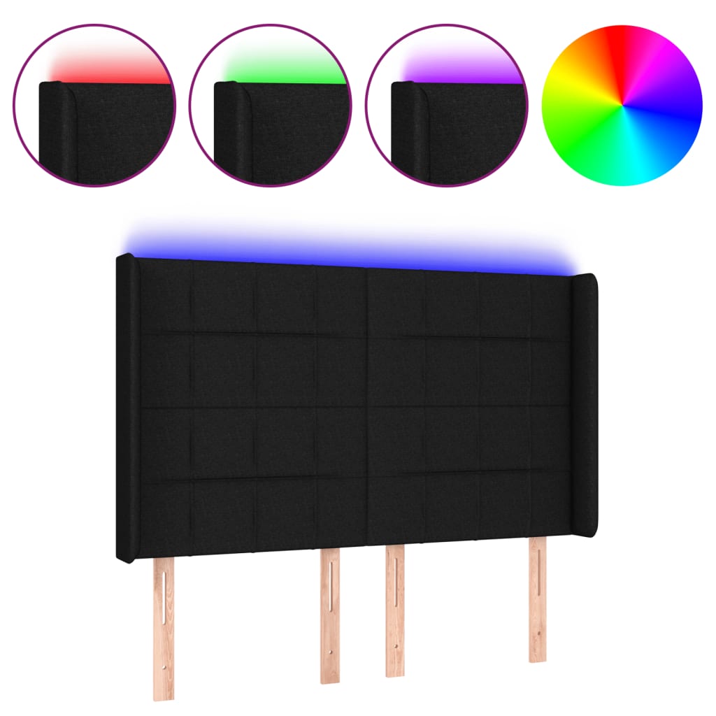 sengegavl med LED-lys 147x16x118/128 cm stof sort