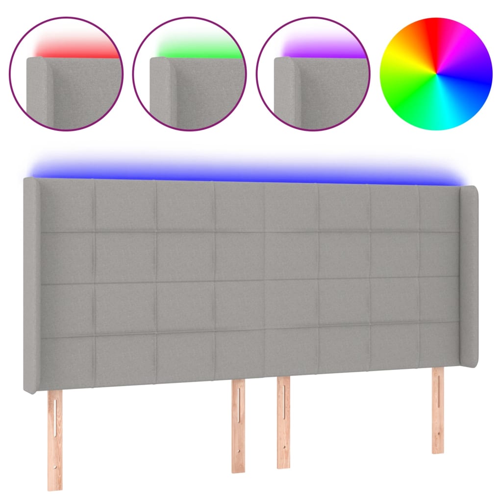 sengegavl med LED-lys 183x16x118/128 cm stof lysegrå