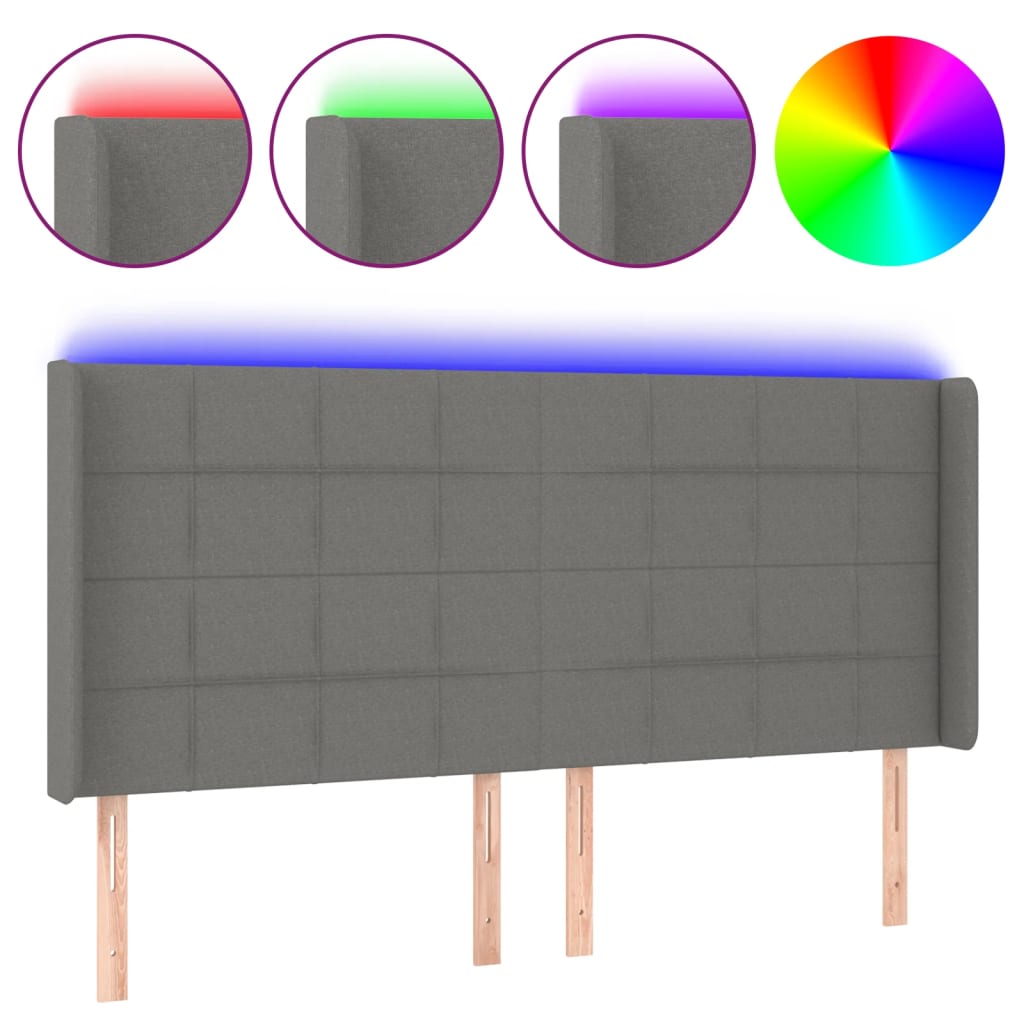 sengegavl med LED-lys 183x16x118/128 cm stof mørkegrå