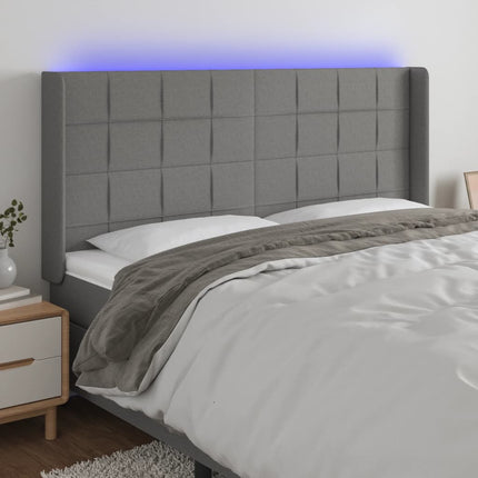 sengegavl med LED-lys 203x16x118/128 cm stof mørkegrå