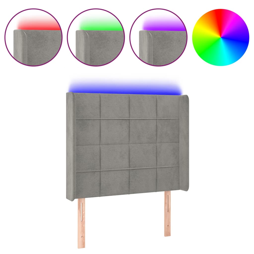 sengegavl med LED-lys 83x16x118/128 cm fløjl lysegrå