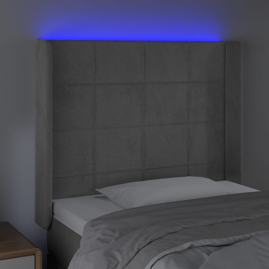 sengegavl med LED-lys 83x16x118/128 cm fløjl lysegrå