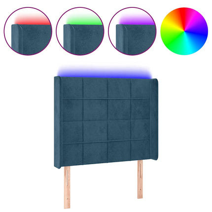 sengegavl med LED-lys 83x16x118/128 cm fløjl mørkeblå