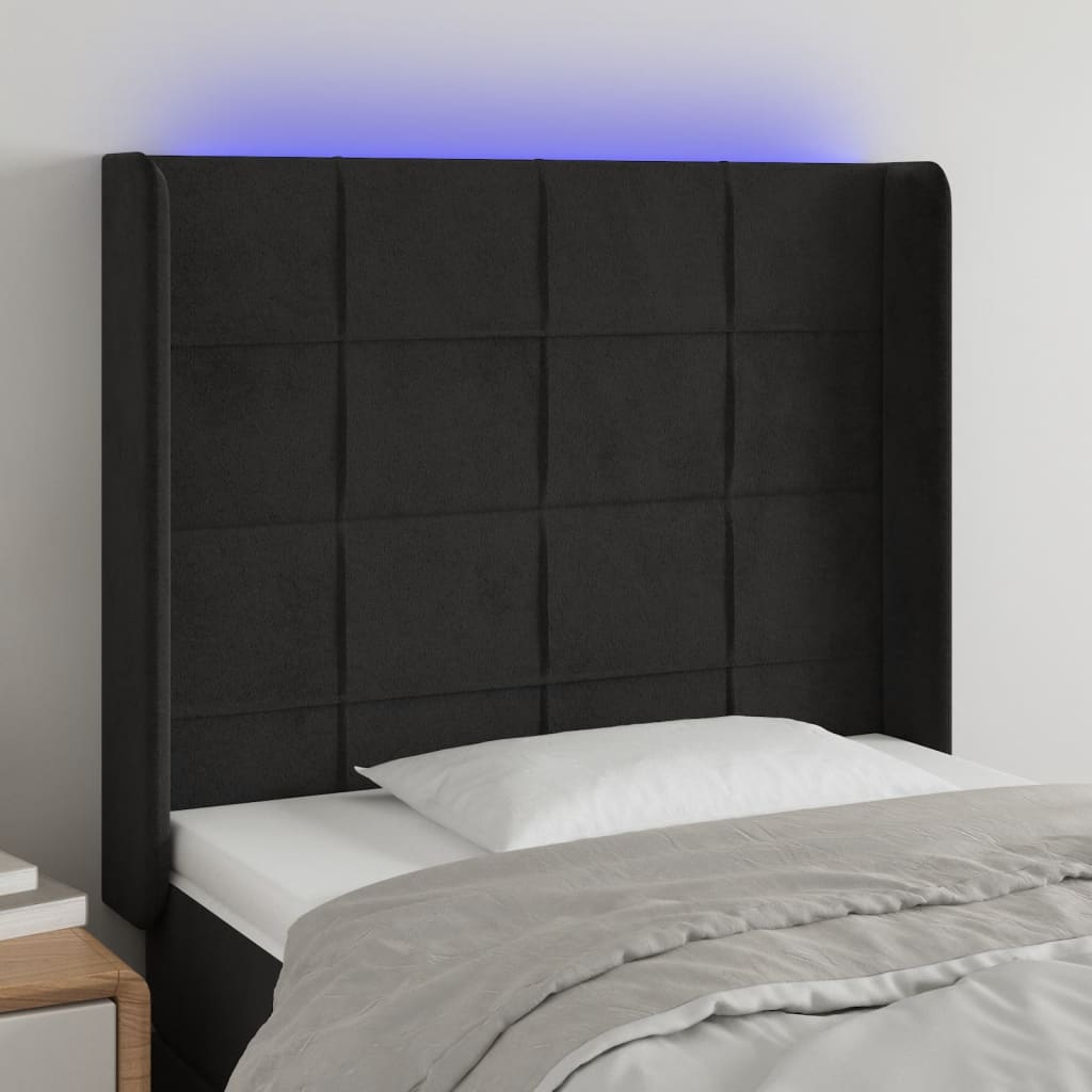 sengegavl med LED-lys 103x16x118/128 cm fløjl sort
