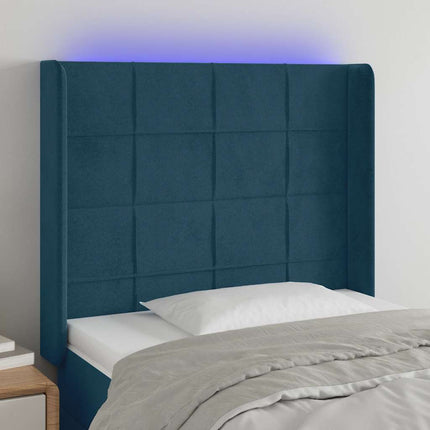 sengegavl med LED-lys 103x16x118/128 cm fløjl mørkeblå