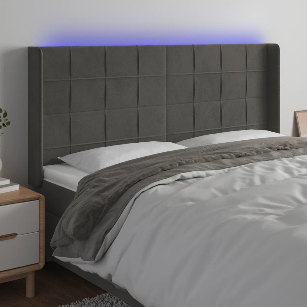 sengegavl med LED-lys 163x16x118/128 cm fløjl mørkegrå