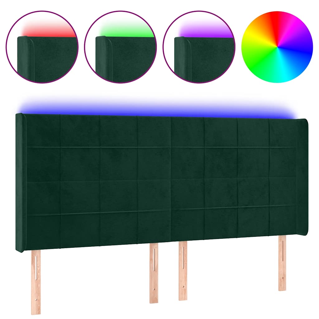 sengegavl med LED-lys 203x16x118/128 cm fløjl mørkegrøn