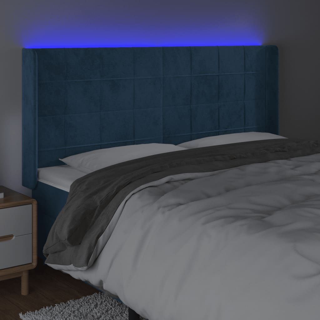 sengegavl med LED-lys 203x16x118/128 cm fløjl mørkeblå