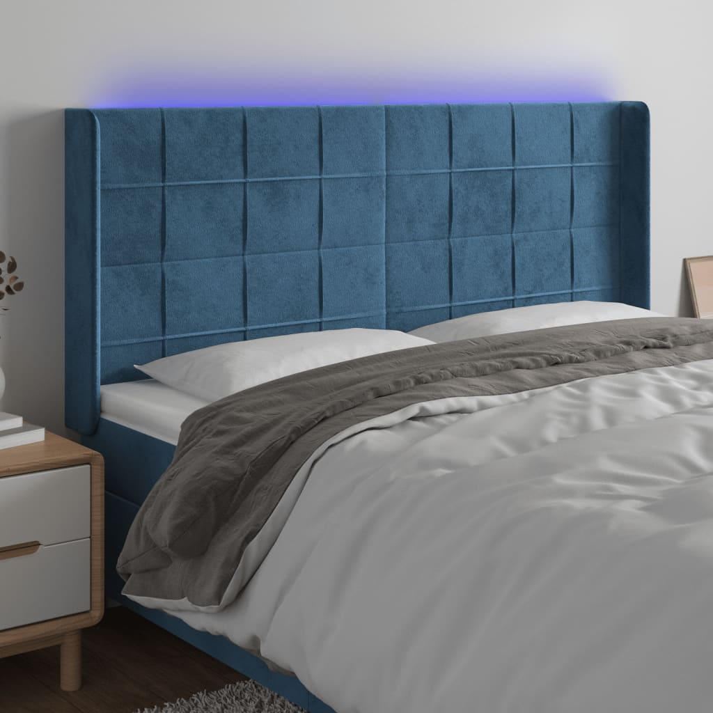 sengegavl med LED-lys 203x16x118/128 cm fløjl mørkeblå