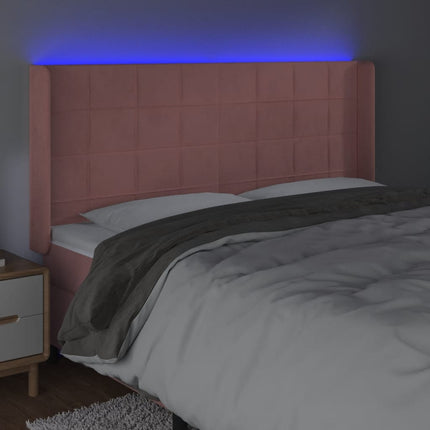 sengegavl med LED-lys 203x16x118/128 cm fløjl lyserød