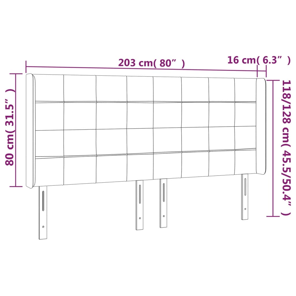 sengegavl med LED-lys 203x16x118/128 cm fløjl lyserød