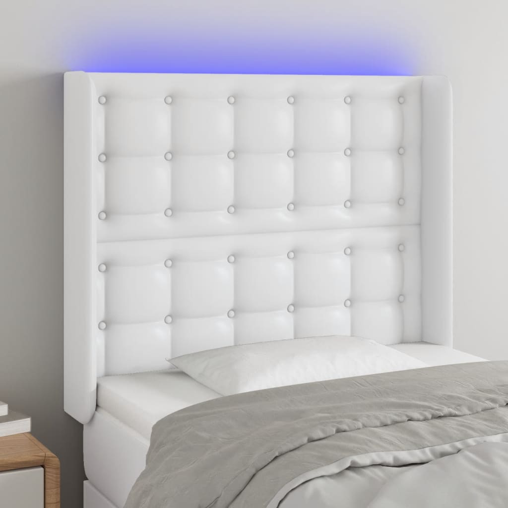 sengegavl med LED-lys 103x16x118/128 cm kunstlæder hvid