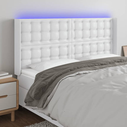 sengegavl med LED-lys 147x16x118/128 cm kunstlæder hvid