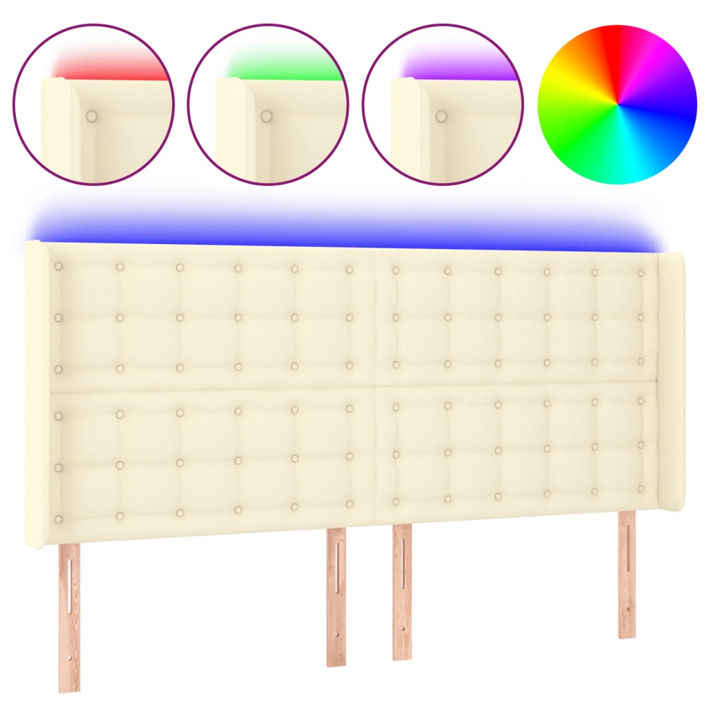 sengegavl med LED-lys 147x16x118/128 cm kunstlæder cremefarvet