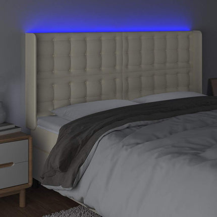 sengegavl med LED-lys 183x16x118/128 cm kunstlæder cremefarvet