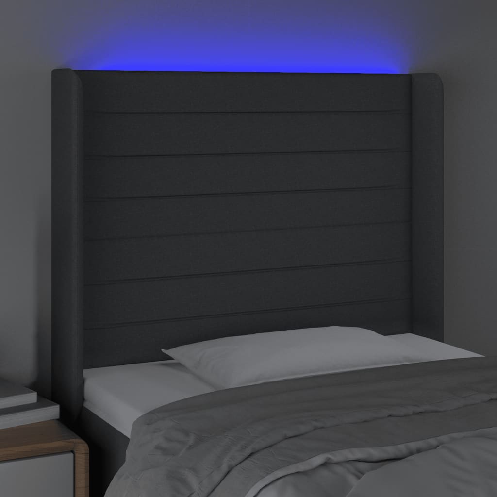 sengegavl med LED-lys 103x16x118/128 cm stof mørkegrå