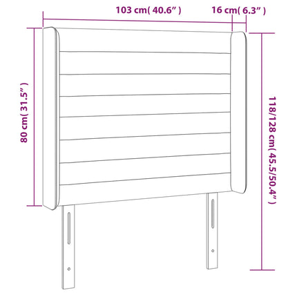 sengegavl med LED-lys 103x16x118/128 cm stof blå