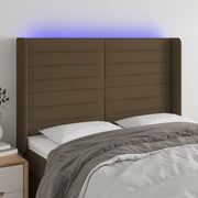 sengegavl med LED-lys 147x16x118/128 cm stof mørkebrun