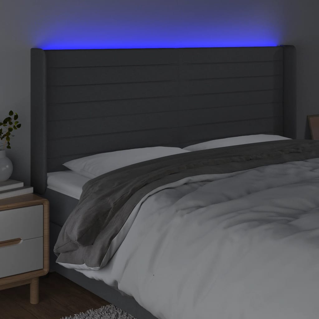sengegavl med LED-lys 163x16x118/128 cm stof mørkegrå