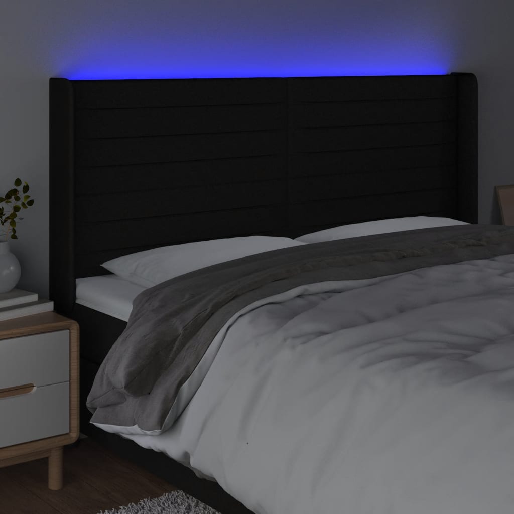 sengegavl med LED-lys 163x16x118/128 cm stof sort