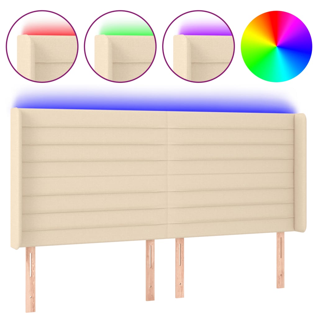 sengegavl med LED-lys 163x16x118/128 cm stof cremefarvet