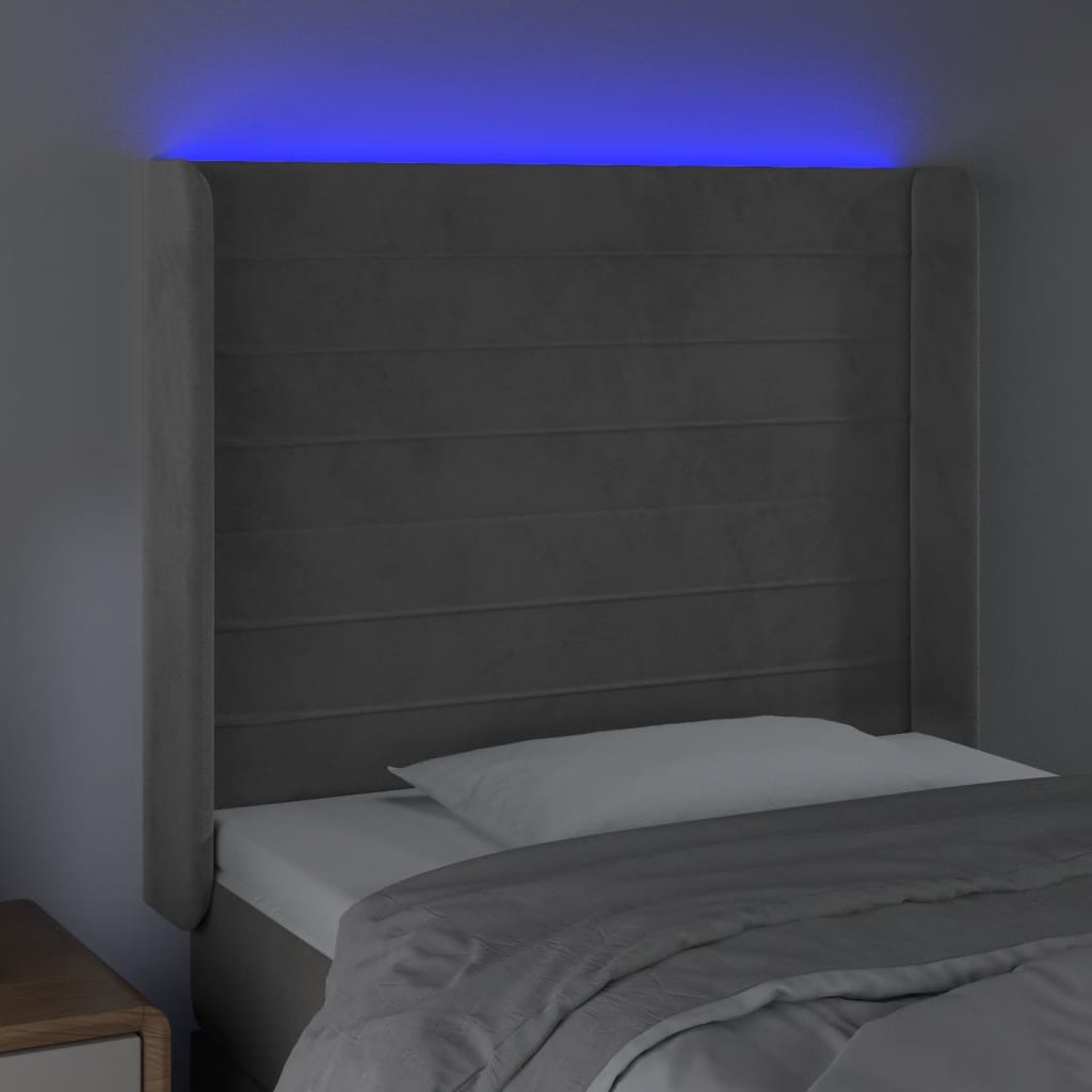 sengegavl med LED-lys 93x16x118/128 cm fløjl lysegrå