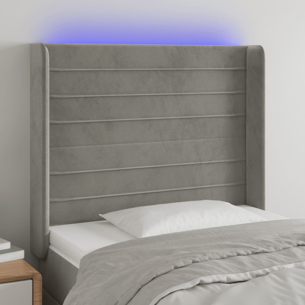 sengegavl med LED-lys 93x16x118/128 cm fløjl lysegrå