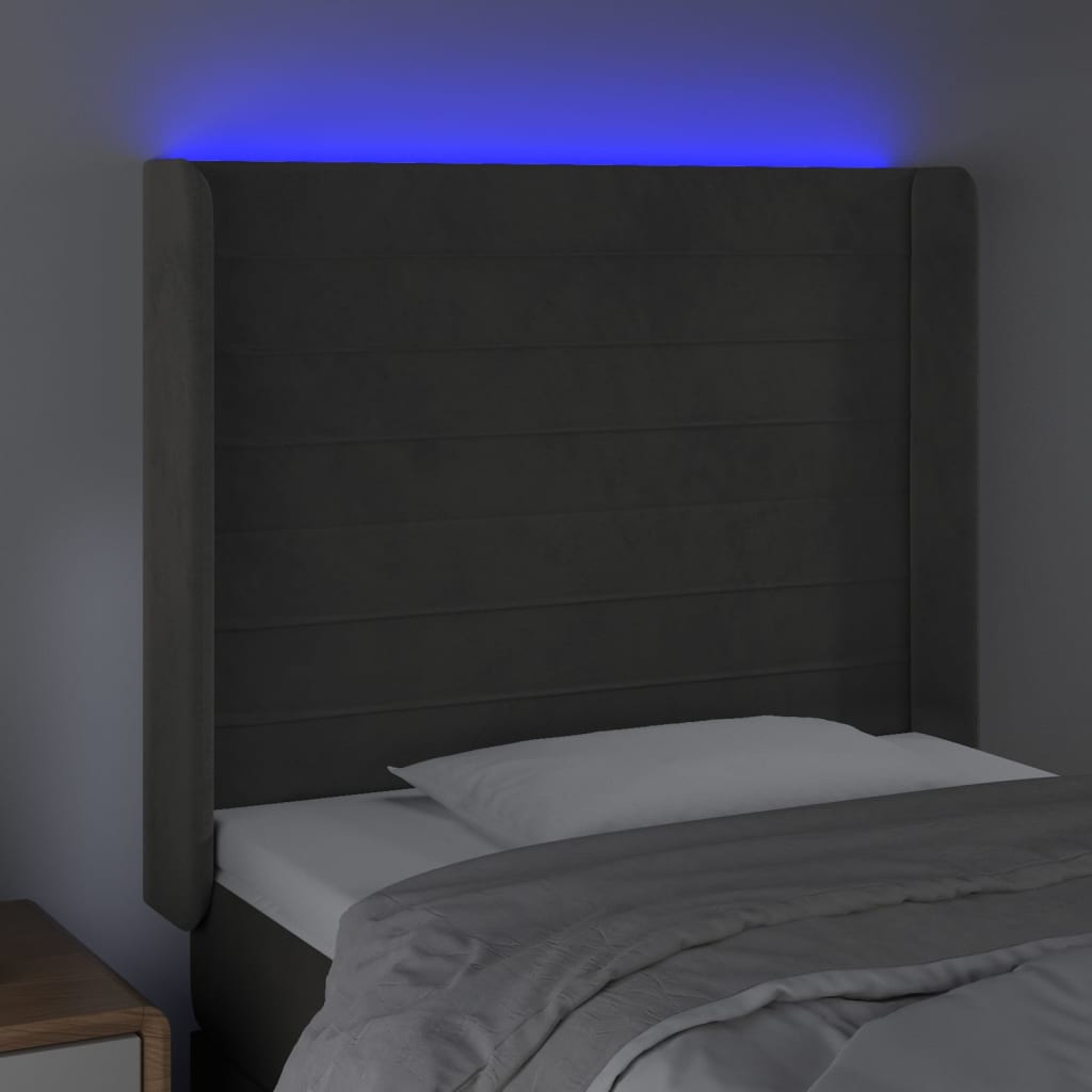 sengegavl med LED-lys 103x16x118/128 cm fløjl mørkegrå