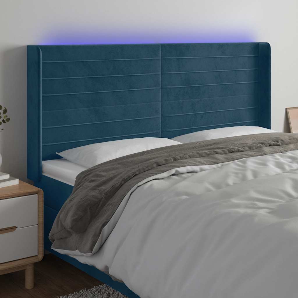 sengegavl med LED-lys 163x16x118/128 cm fløjl mørkeblå