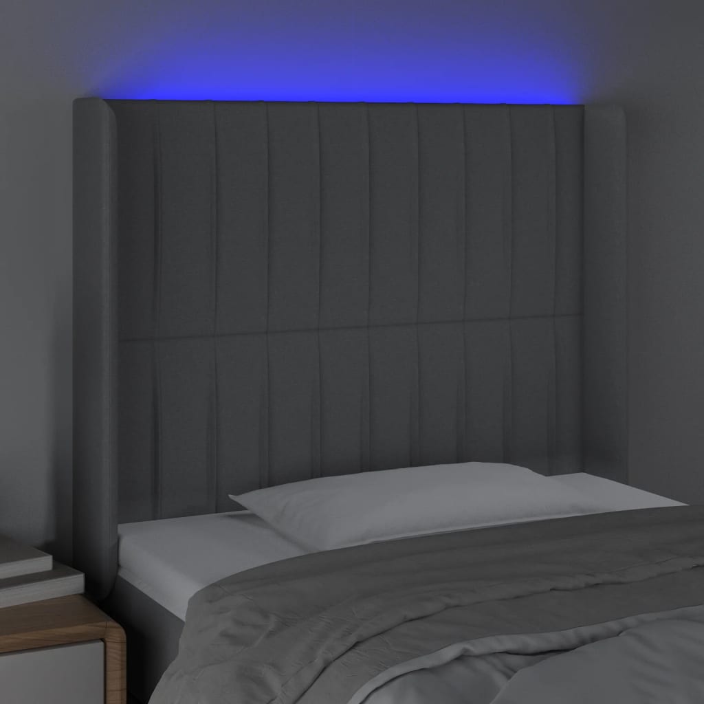 sengegavl med LED-lys 93x16x118/128 cm stof lysegrå