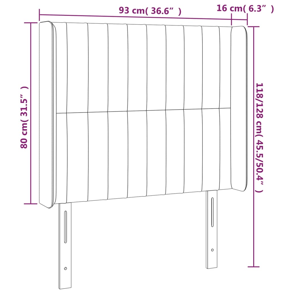 sengegavl med LED-lys 93x16x118/128 cm stof mørkegrå