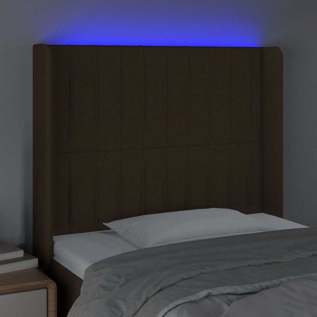 sengegavl med LED-lys 103x16x118/128 cm stof mørkebrun