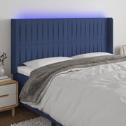 sengegavl med LED-lys 183x16x118/128 cm stof blå