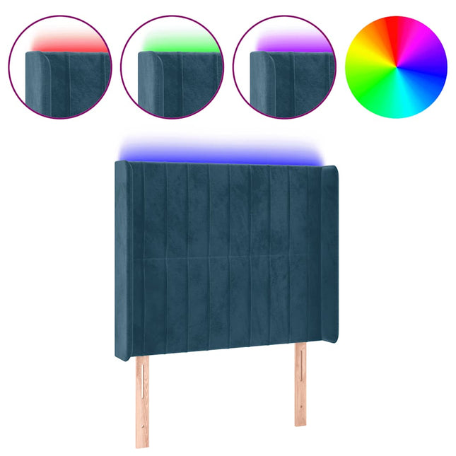 sengegavl med LED-lys 93x16x118/128 cm fløjl mørkeblå