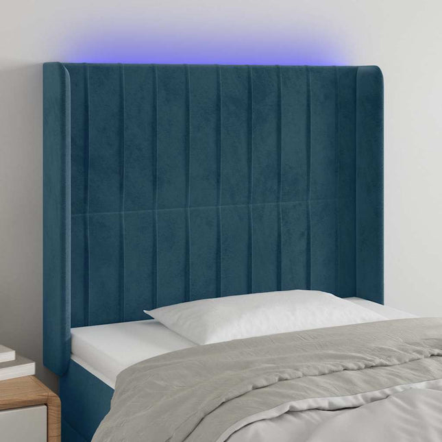 sengegavl med LED-lys 93x16x118/128 cm fløjl mørkeblå