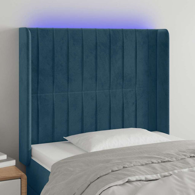 sengegavl med LED-lys 103x16x118/128 cm fløjl mørkeblå