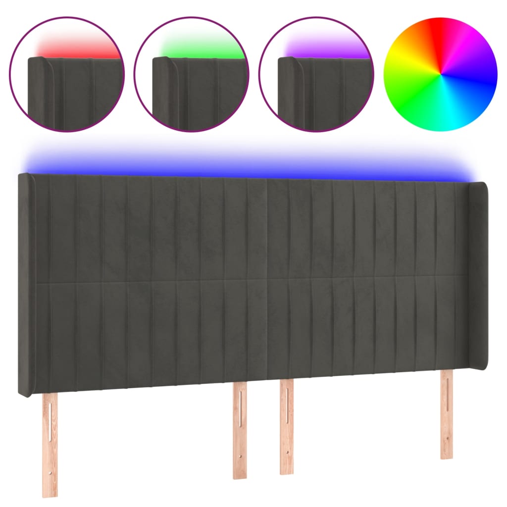 sengegavl med LED-lys 163x16x118/128 cm fløjl mørkegrå