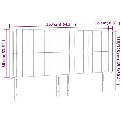 sengegavl med LED-lys 163x16x118/128 cm fløjl mørkegrå